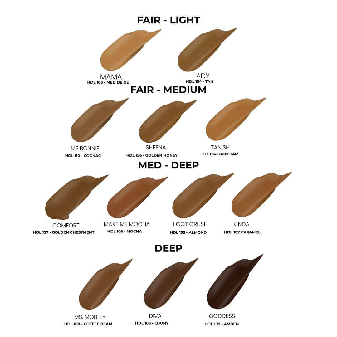 Shades of HD Chocolate No Creme Foundation displayed in a grid, ranging from fair-light to deep, showcasing names and color codes.